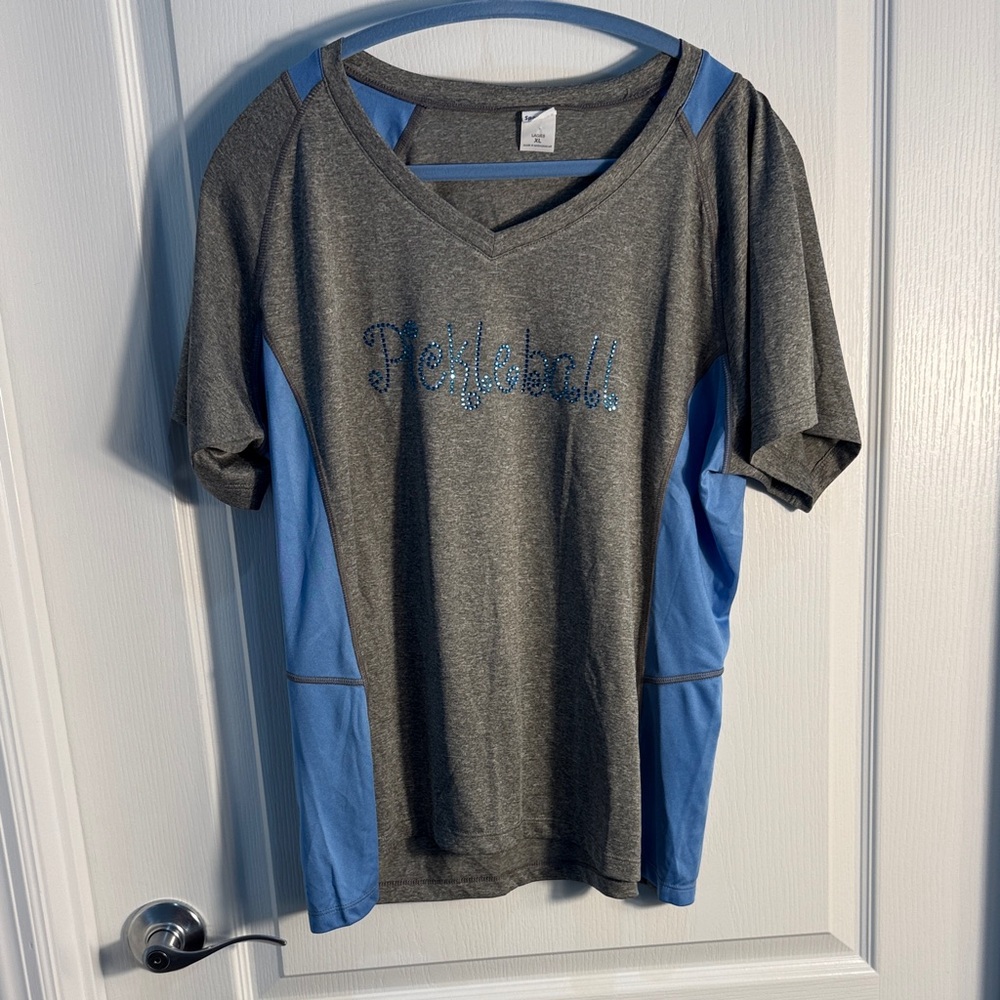 Sport Tek Pickelball Blue Rhinestones Gray Athletic V-Neck Tee Light Blue  Sz XL